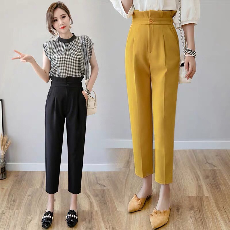 Quần tây baggy nữ đi học cạp lưng cao chất vải tuyết mưa dày vừa cạp bèo 2 màu đen vàng mặc làm công sở đẹp