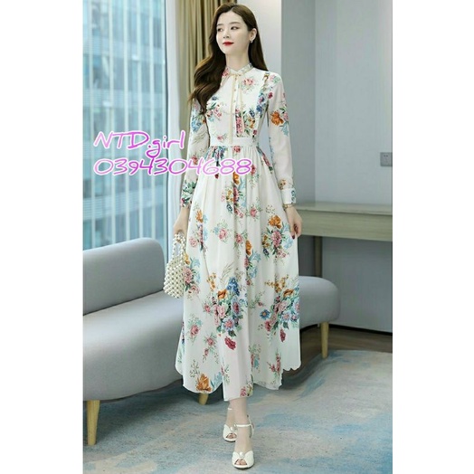 Hàng nhập - Đầm maxi dáng xòe cổ trụ phối bèo, váy dự tiệc voan lụa phong cách tiểu thư