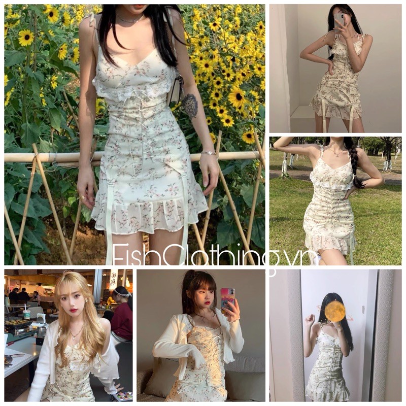 SẴN🎀Váy bánh bèo ulzzang hai dây hoa nhí đuôi cá ngắn ôm body phối ren thắt dây eo|Đầm kiểu tiểu thư dễ thương kỉ yếu | BigBuy360 - bigbuy360.vn