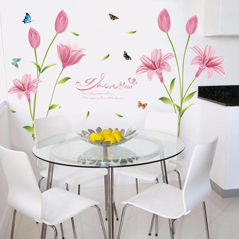 Decal dán tường hoa ly màu hồng tím