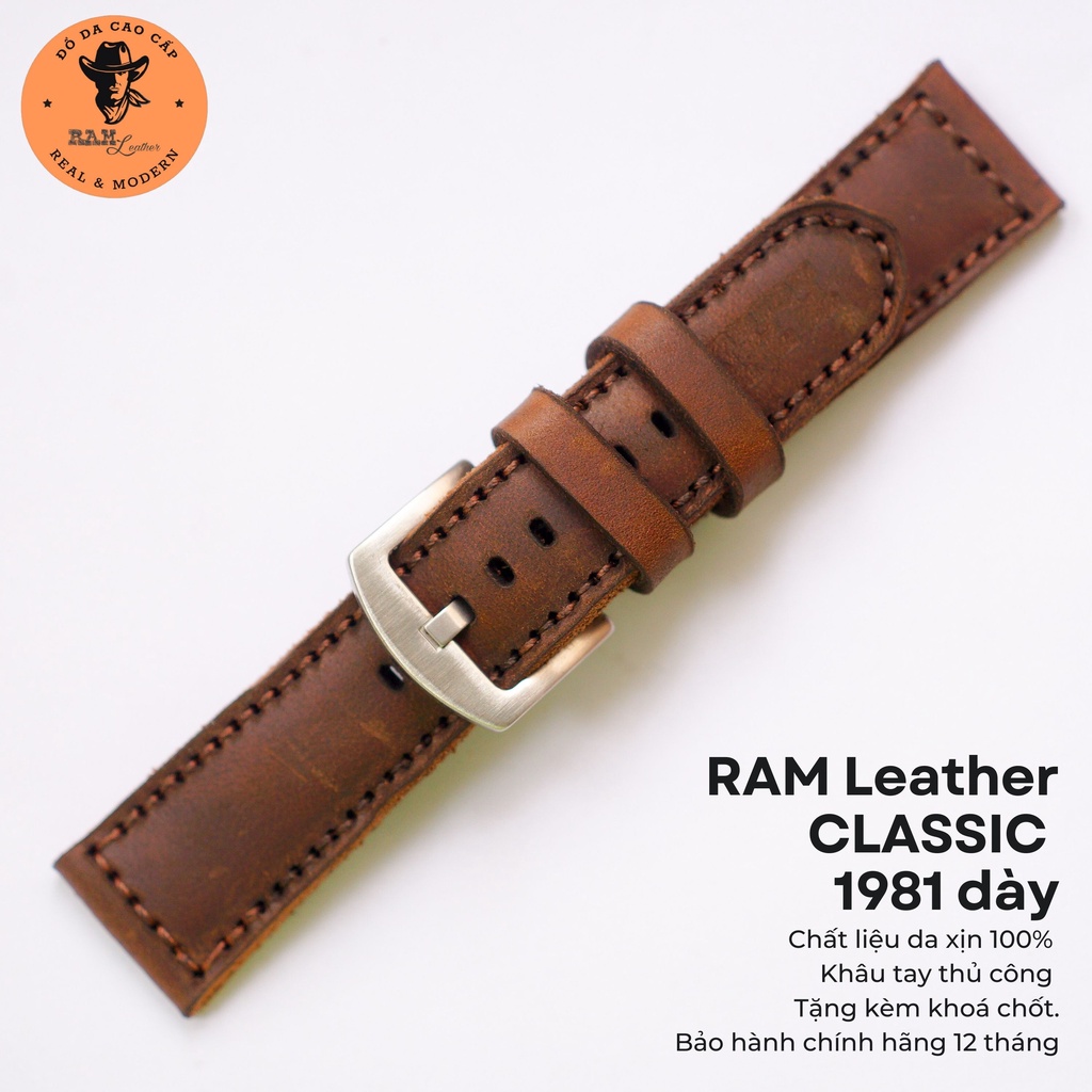 Dây đồng hồ da bò màu nâu đỏ - RAM Leather Classic 1981 bản dày Bền Đẹp