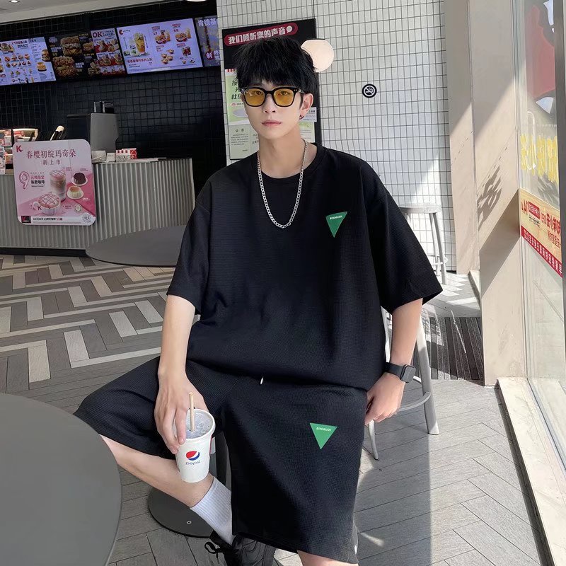 Set Đồ Thể Thao Nam Ngắn Tay Form Rộng Màu Trơn Thêu Họa Tiết Phong Cách Hàn Quốc Thời Trang Bigsize Áo Thun Tay Lỡ Quần Đùi Quần Short Unisex