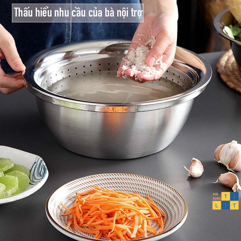 Bộ rổ và chậu inox kèm mâm nạo và gọt vỏ rau, củ, quả 3 trong 1 đa năng, tiện dụng, tiết kiệm [RỔ 3]