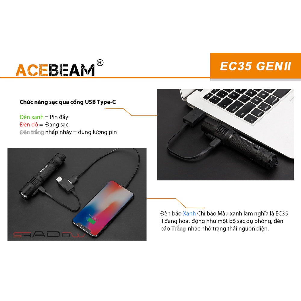 Đèn pin ACEBEAM EC35 GEN 2 LED SAMSUNG LH351D sáng 1100lm xa 180m sạc USB- C 1 pin 18650 3100mAh Đèn &amp; Đèn pin