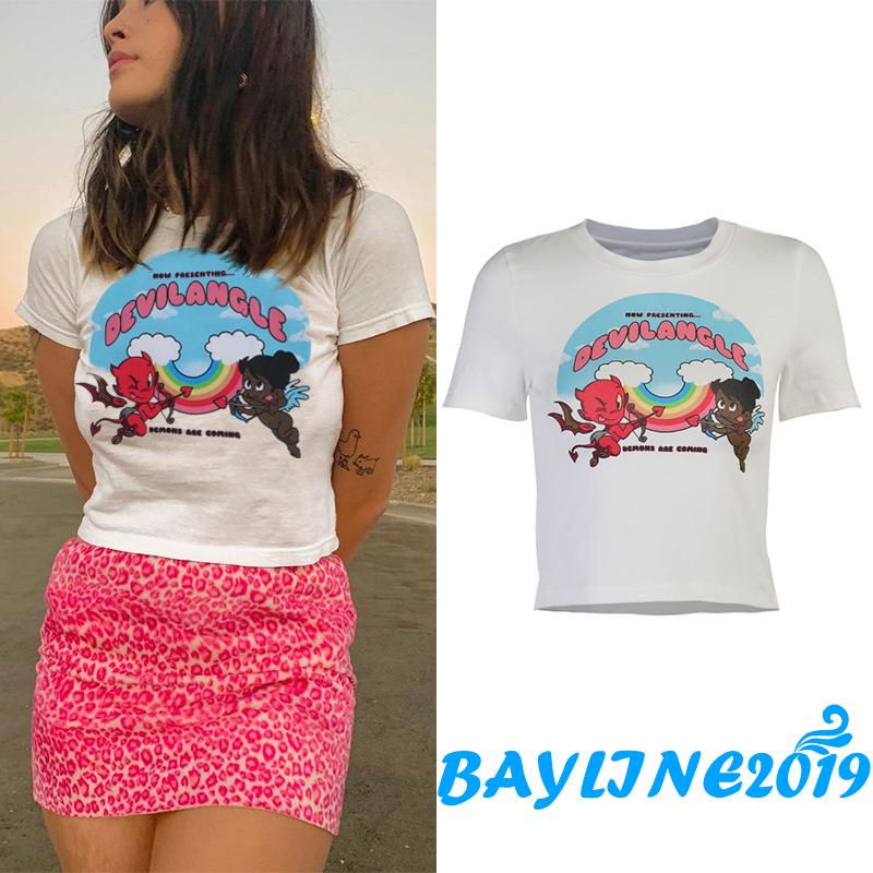 Áo thun dáng lửng ngắn tay in hình thiên thần và ác quỷ thời trang sành điệu dành cho nữ