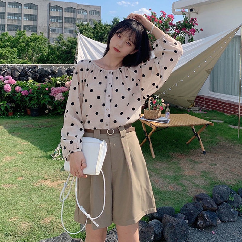 Áo Sơ Mi Chiffon Mỏng Tay Dài Cổ Chữ V Họa Tiết Chấm Bi Thời Trang Mới 2021 Cho Nữ
