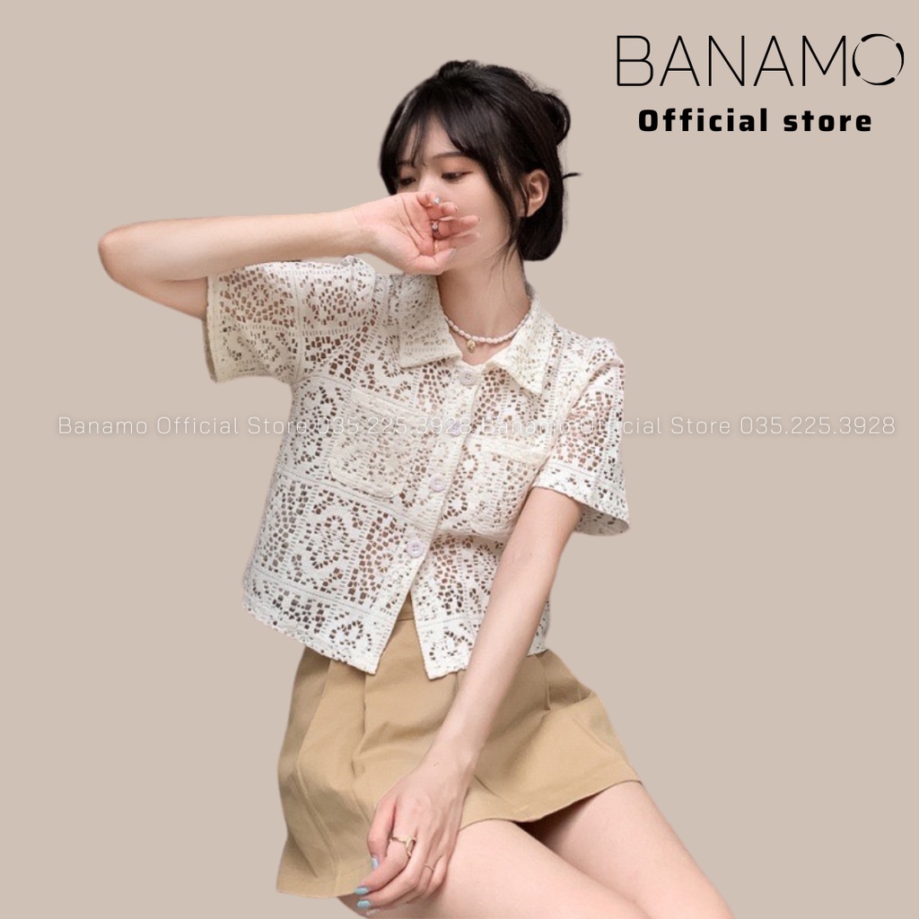 Áo sơ mi nữ cộc tay phối ren họa tiết rỗng kiểu pháp thời trang Banamo Fashion sơ mi phối ren 392