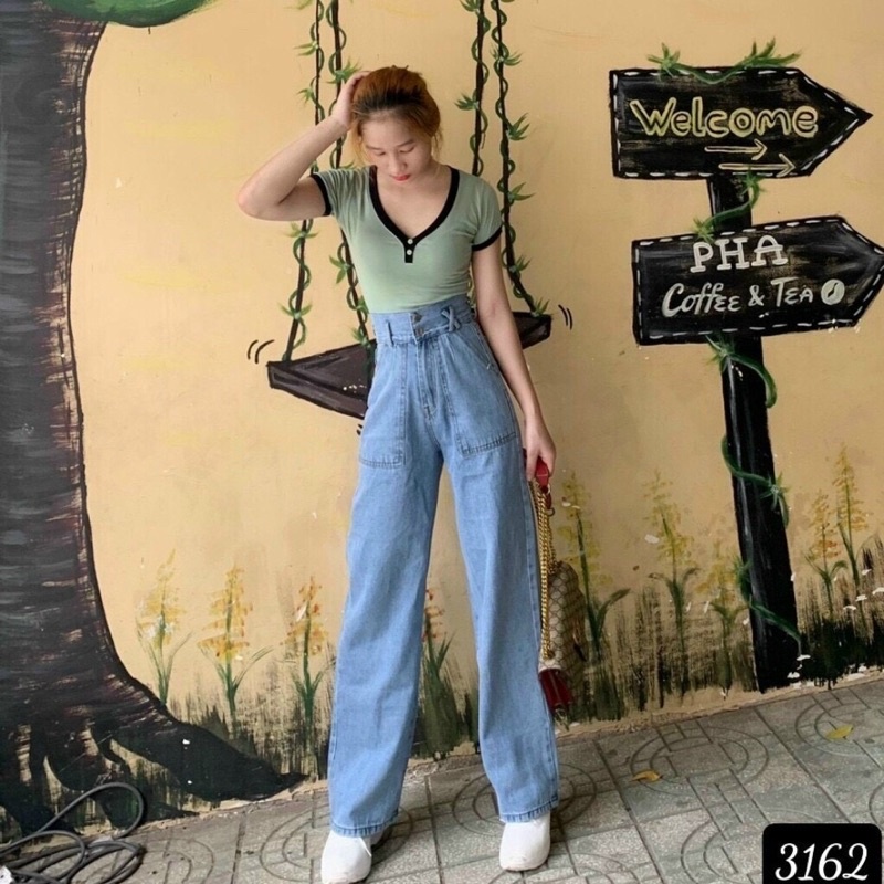 👉Baggy Jeans 2 Nút Lưng Cao Ống Suông