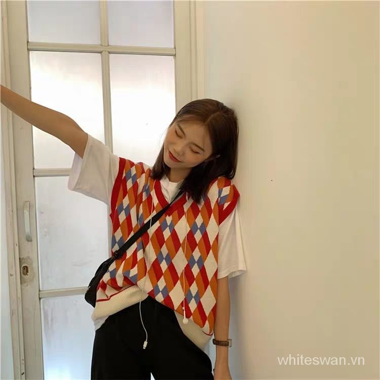 Áo Len Không Tay Cổ Chữ V Họa Tiết Sọc Caro Nhiều Màu Sắc Phong Cách Hàn Quốc Mới