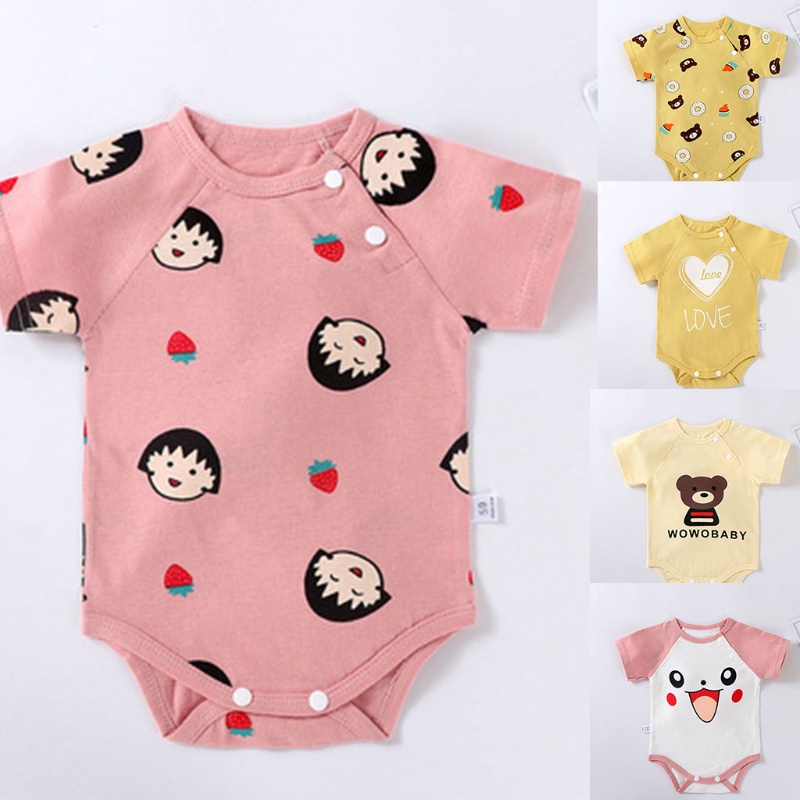 Bộ Áo Liền Quần Bằng Cotton Tay Ngắn Cài Nút In Hoạt Hình Cho Bé Sơ Sinh