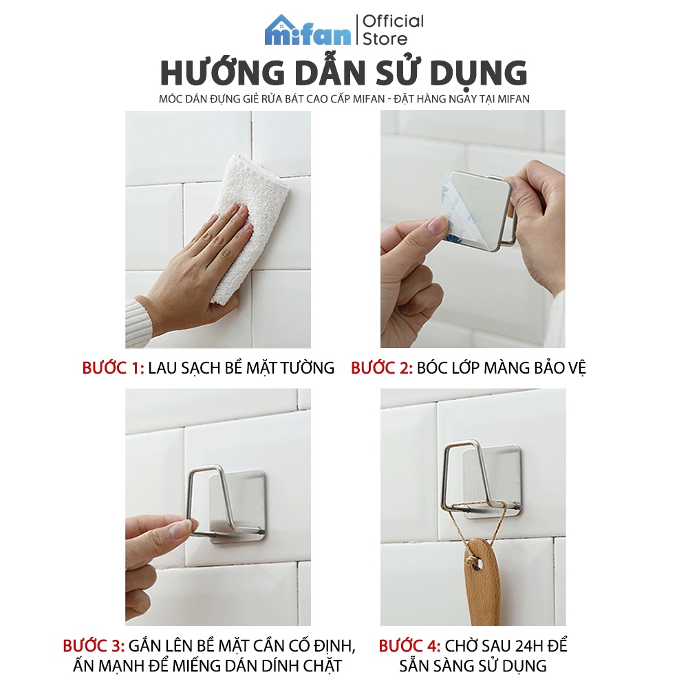 Móc Dán Tường Inox 304, Keo 3M Cao Cấp MIFAN - Treo Miếng Rửa Bát, Thớt, Vung Xoong Nồi, Dụng Cụ Bếp, Đồ Nhà Tắm