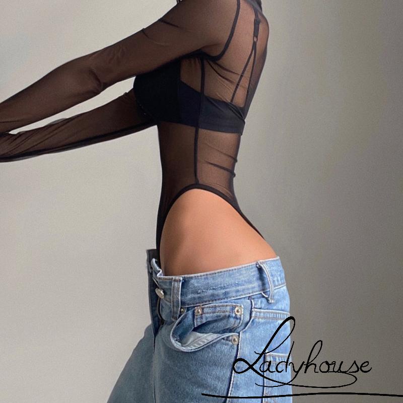 LD-Ladies Lapel Jumpsuit, Autumn Women Solid Color Mesh Perspective Long Sleeve Half Zipper Casual Bodysuit