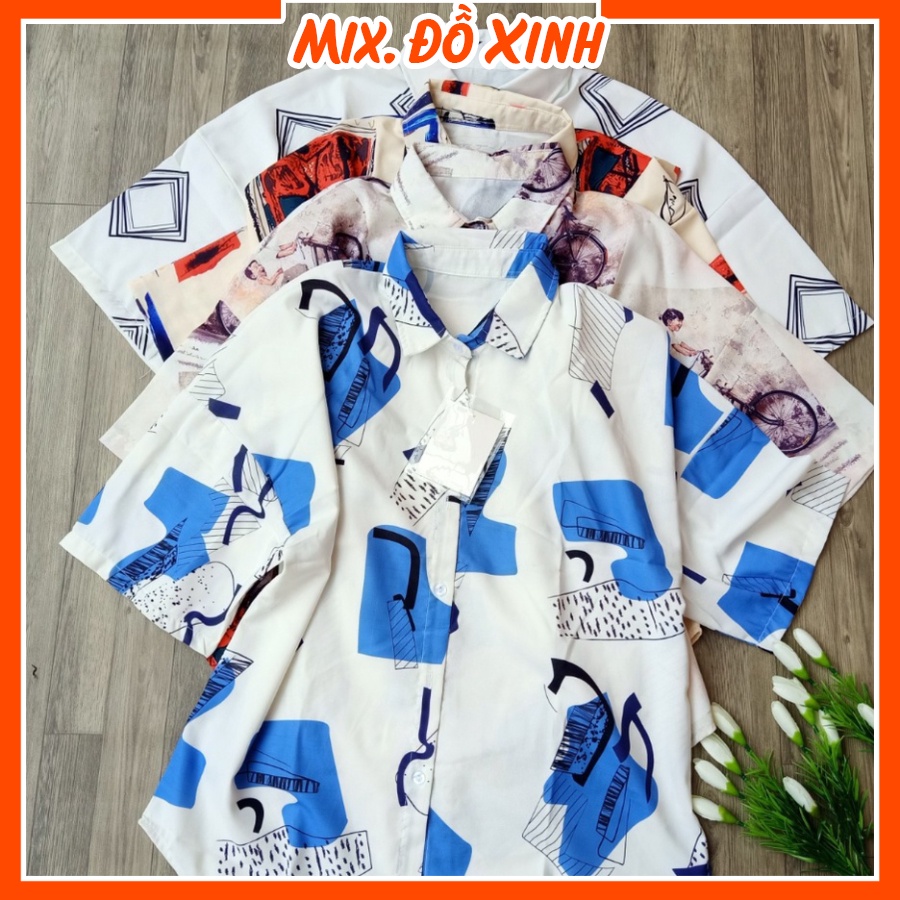 Áo sơ mi nữ form rộng tay lỡ Thu Hà sơ mi đũi freesize chất liệu mịn mát in hình Ô Xanh Trắng