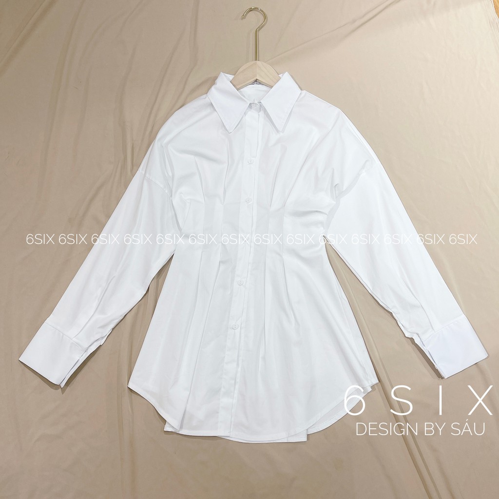 Sơ mi trắng dáng dài chiết li