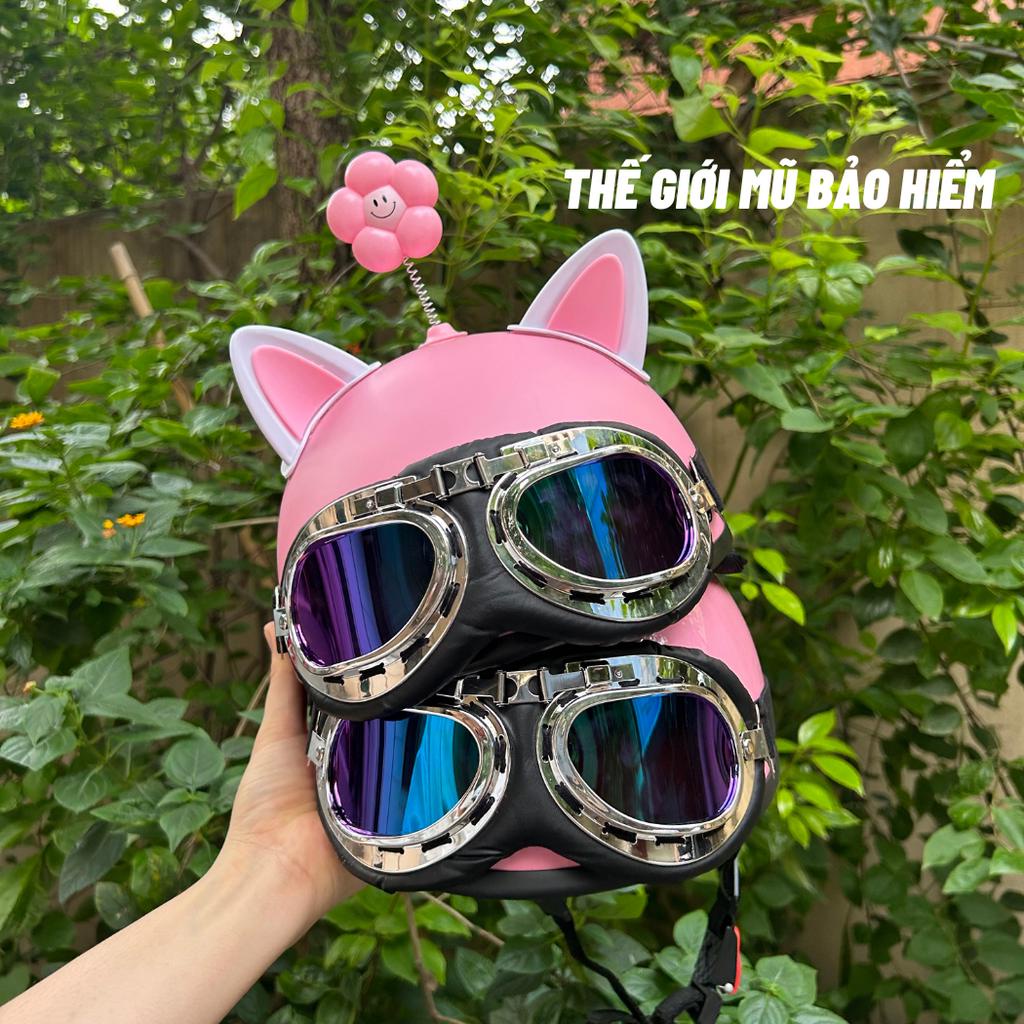 Nón bảo hiểm nửa đầu kính phi công kèm TAI MÈO 2 màu và bông hoa gắn mũ bảo hiểm 1/2 dễ thương,tặng kèm stiker dán mũ