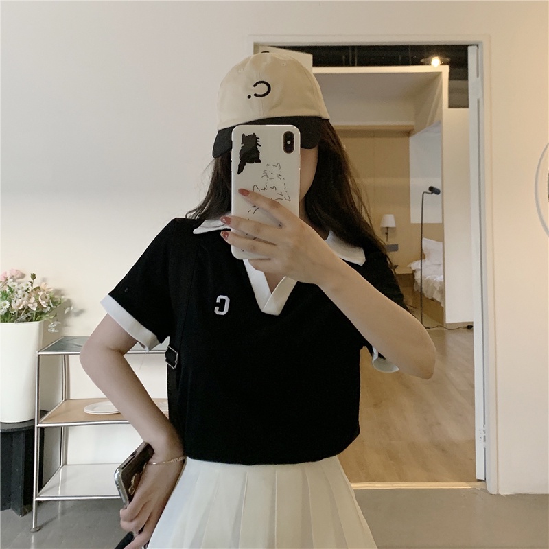 【ZHELIHANGFEI】Áo Thun POLO Ngắn Tay Ôm Dáng Xinh Xắn Dành Cho Nữ