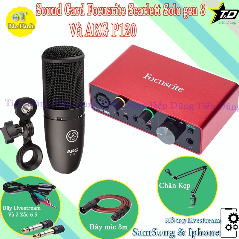 Bộ Mic Thu Âm Livestream AKG P120 Đi Sound Card Focusrite Scarlett Solo Gen 3 Chân Kẹp Dây Live stream Dây Micro 3m