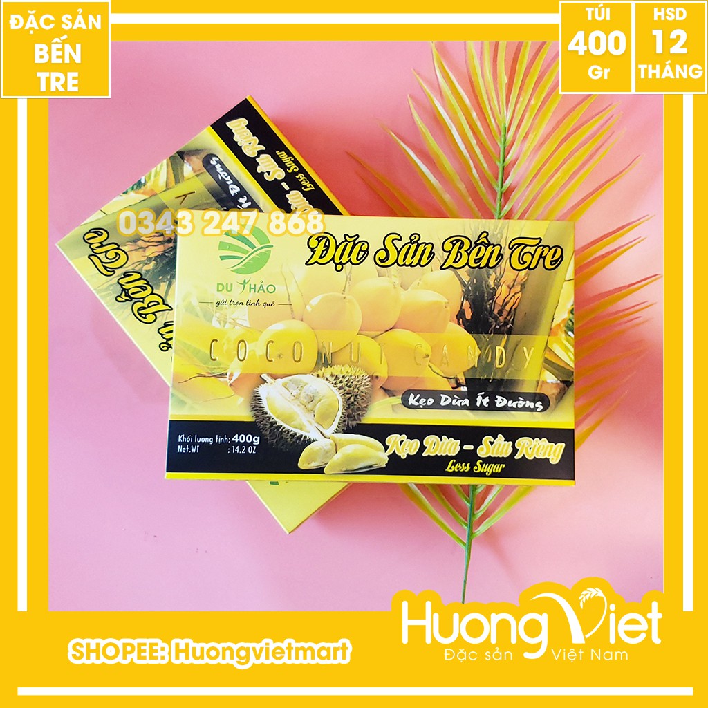 Kẹo dừa sầu riêng ít đường Du Thảo 400g, kẹo dừa Bến Tre, kẹo dừa ít ngọt