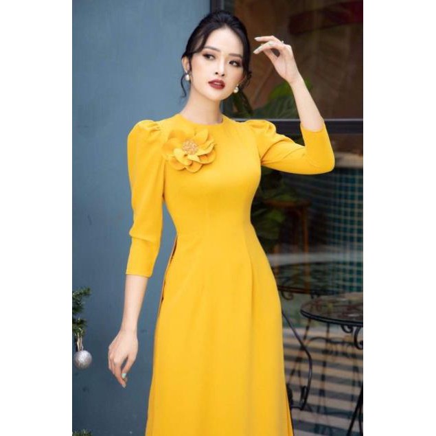 Áo dài đính hoa thủ công may sẵn áo truyền thống tay bồng lỡ lụa Tây Thi đẹp