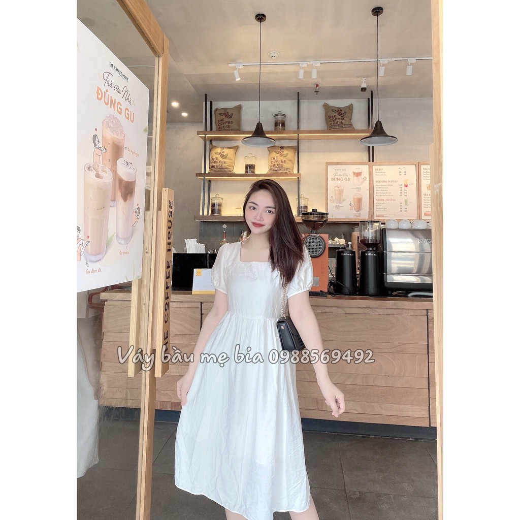 Váy bầu bigsize - Đầm bầu thiết kế GuMe màu trắng dáng babydoll cổ vuông tay cộc chất vải đũi hàn 2 lớp MB215
