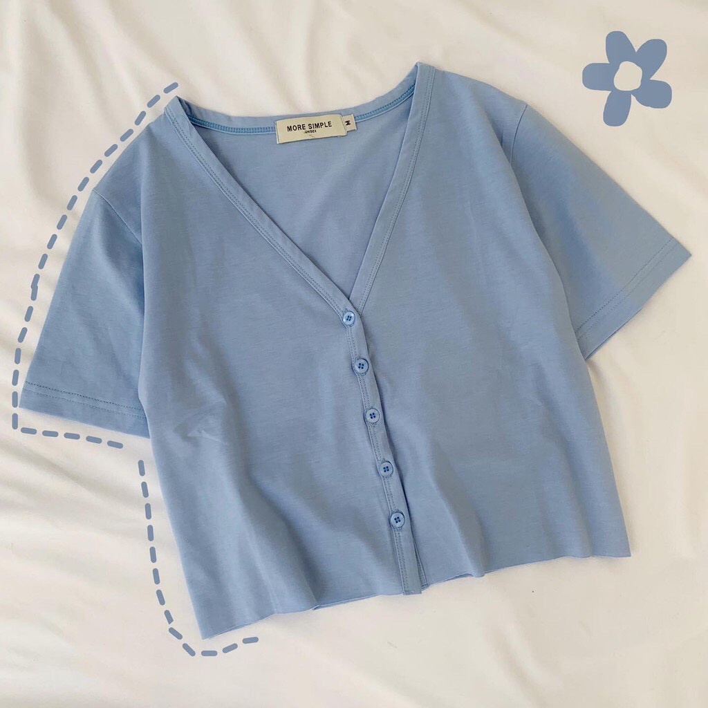 ÁO CROPTOP YUNI VIỀN NÚT NỮ XANH - ÁO CROPTOP CỔ V CÚC CÀI TAY LỠ BLUE BASIC