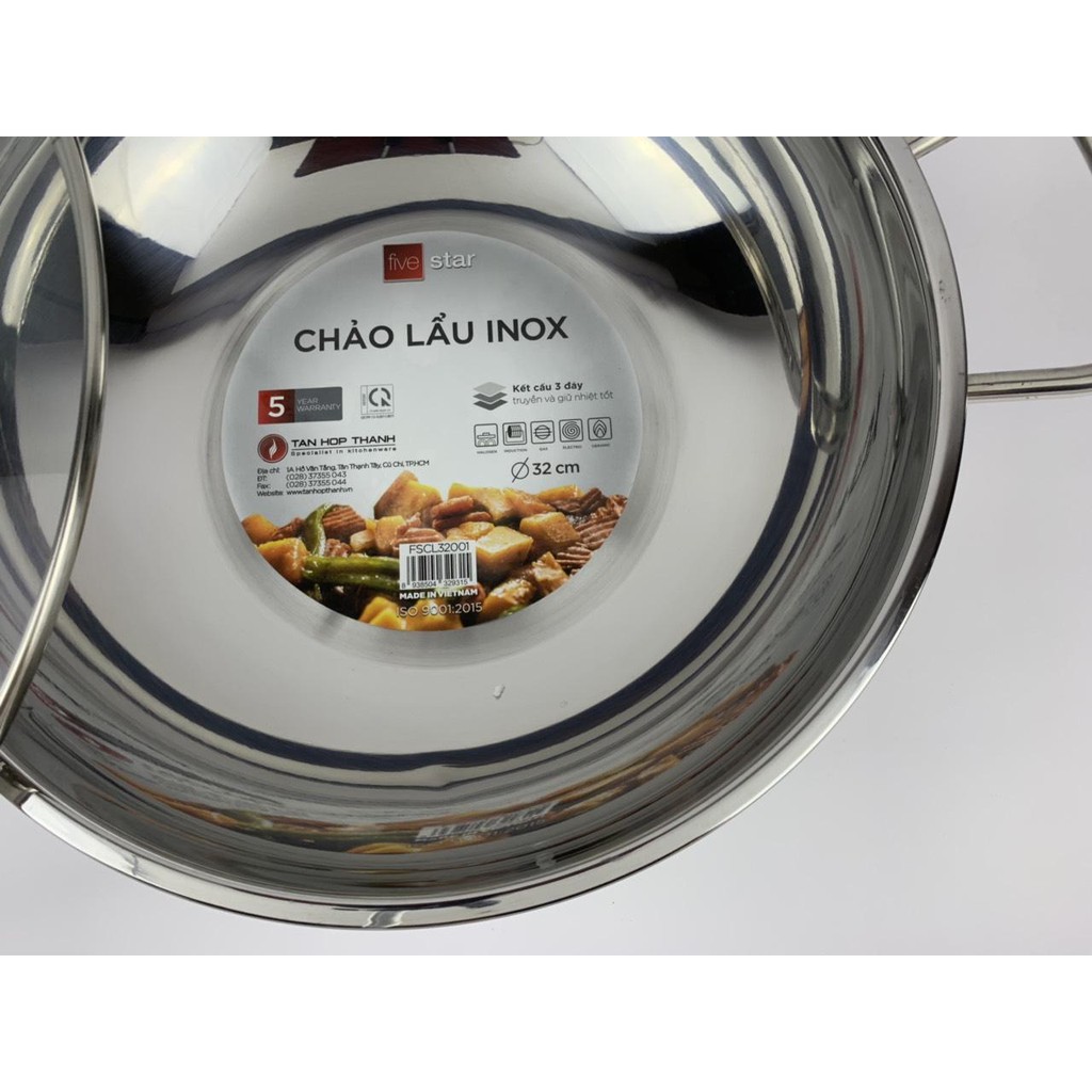 Chảo lẩu xào sâu lòng Fivestar Standard inox 430 bếp từ 3 đáy 32cm.Tặng 1 vá canh inox