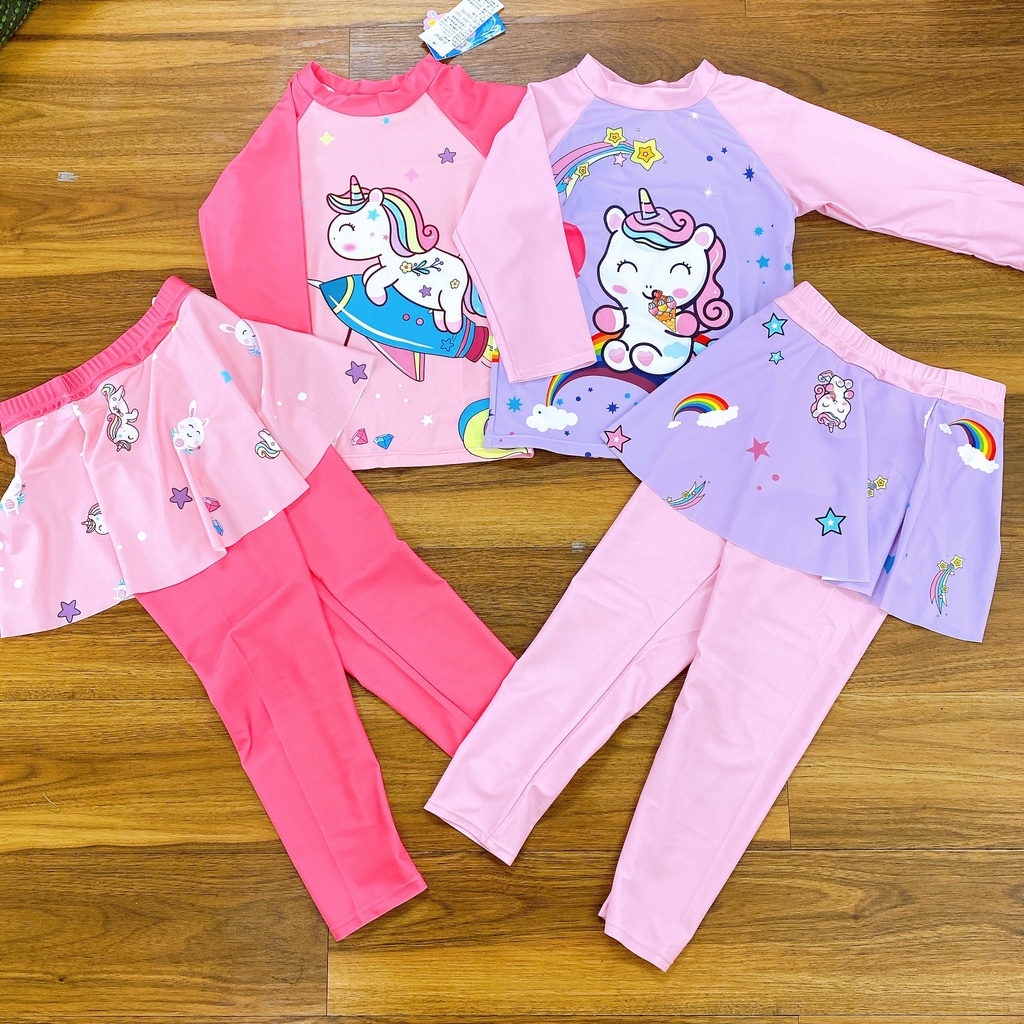 Bộ bơi Bigbaby, bộ bơi tay dài quần dài/ bộ liền váy kèm nón cho bé gái họa tiết pony siêu đáng yêu cho bé 17-42KG