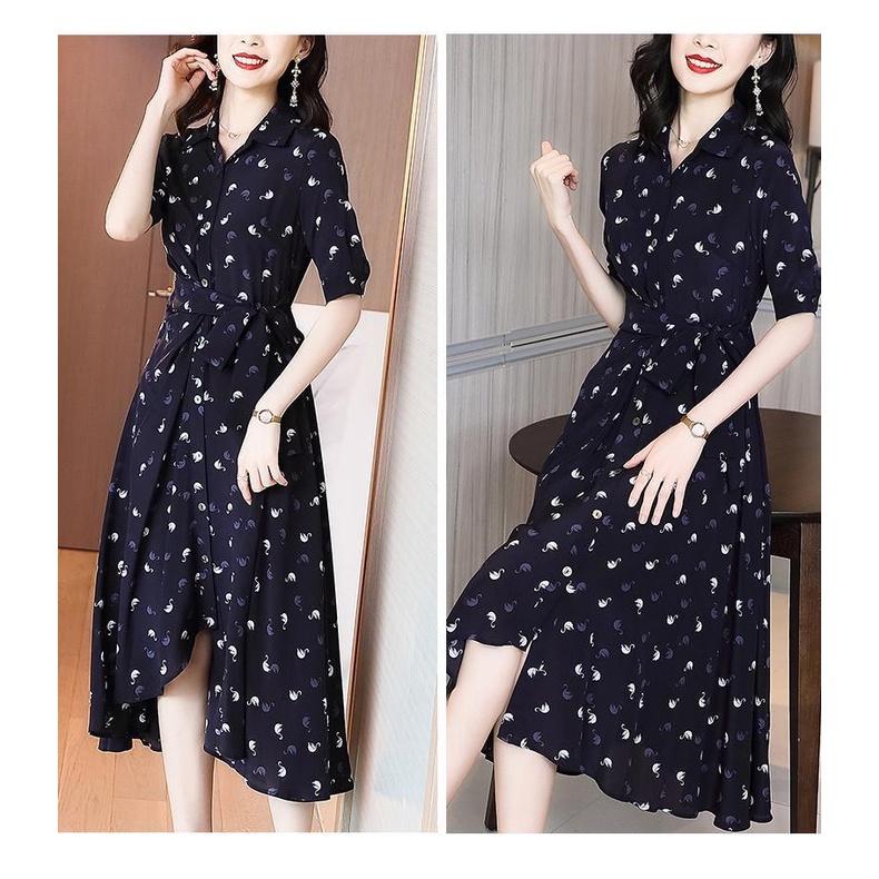 Đầm Dáng Rộng Vải Mỏng Phối Cà Vạt In Họa Tiết Xinh Xắn Cho Nữ