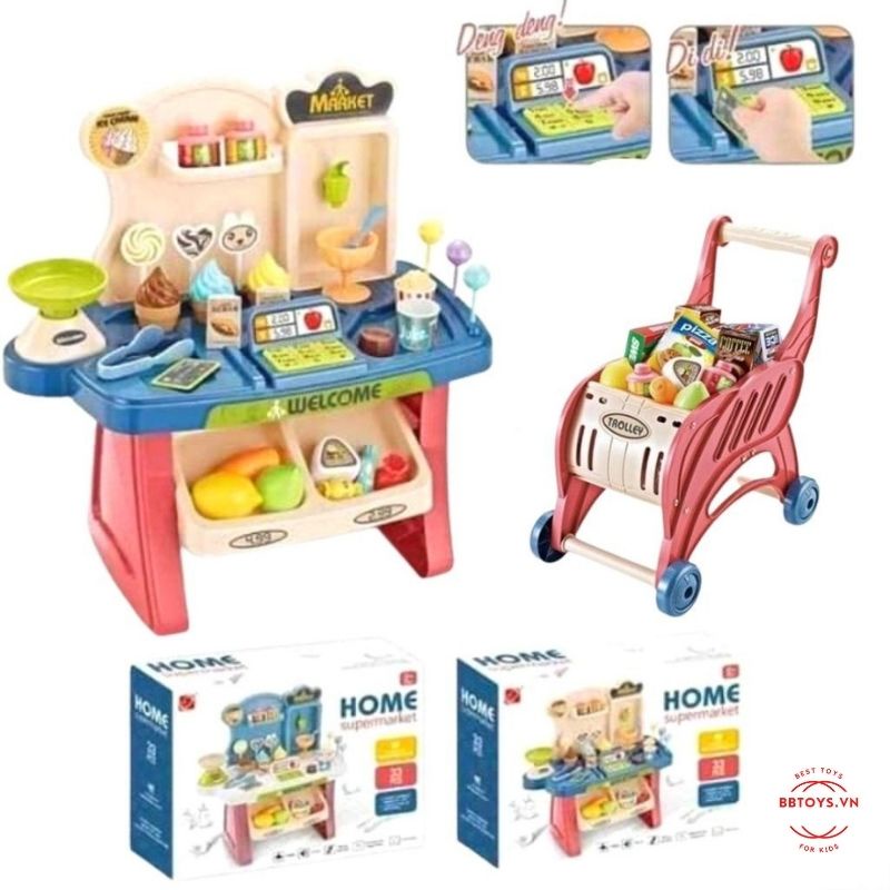 Đồ chơi siêu thị mini cao cấp kèm xe đẩy bán hàng 40 chi tiết có âm thanh, tính năng quẹt thẻ cho bé (BBTOYS: 82)