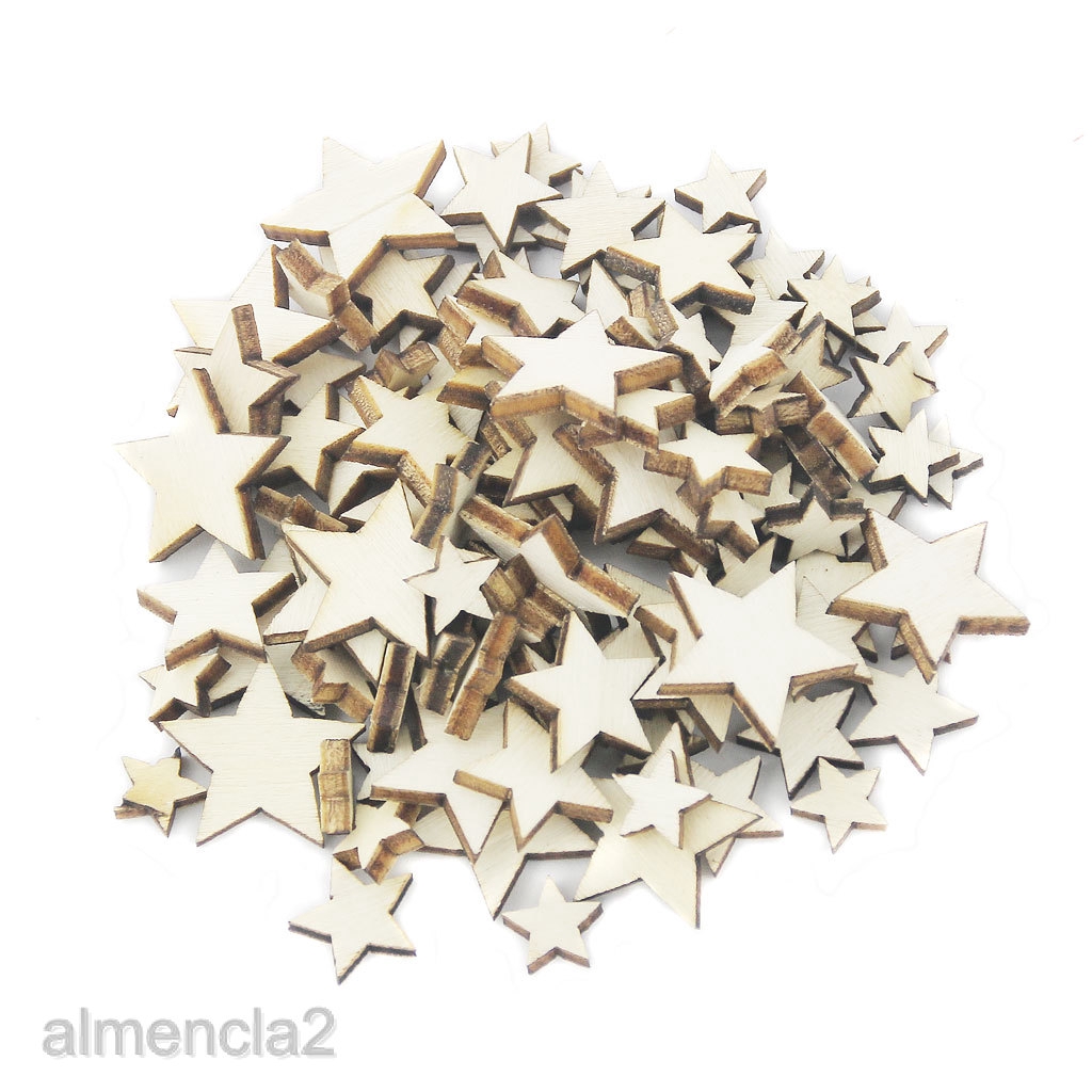 100X ASSORTED SIZE NATURAL WOODEN STAR PLAIN SHABBY CHIC CRAFT SCRAPBOOKING