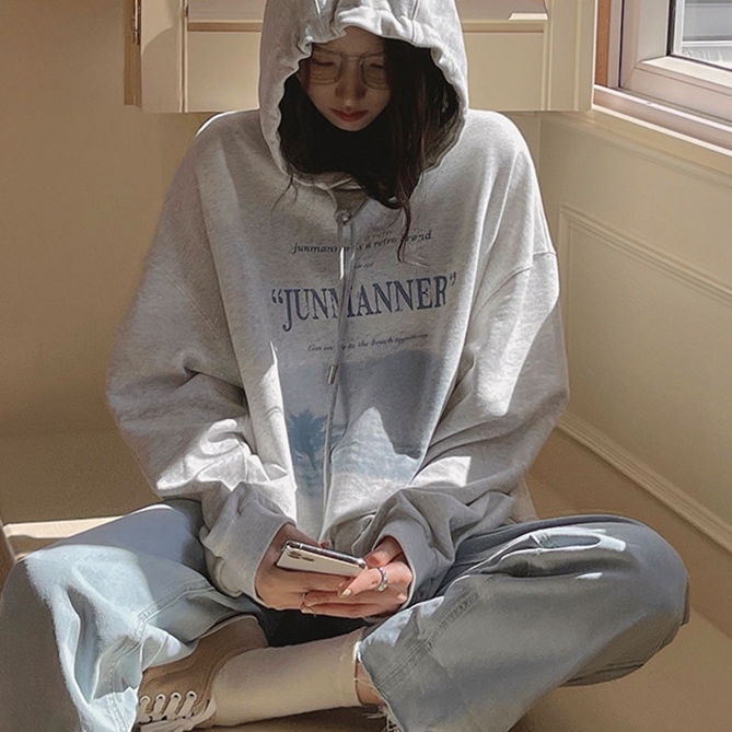 Áo hoodie dáng rộng phong cách mùa xuân thu kiểu Hàn năng động cho nữ