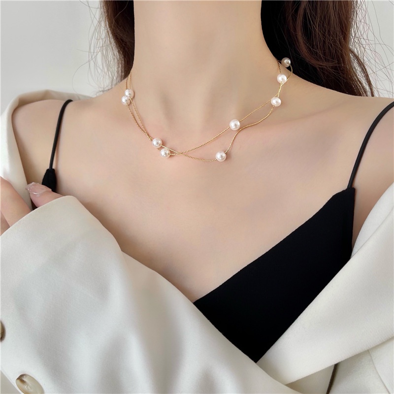 Vòng cổ Hai Lớp Đính Ngọc Trai Thời Trang Dành Cho Nữ