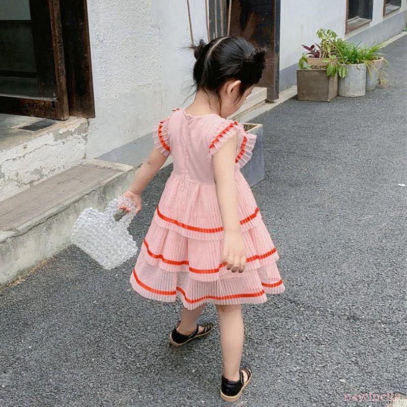 Đầm cho bé gái phối bèo thêu họa tiết cầu vồng xinh xắn