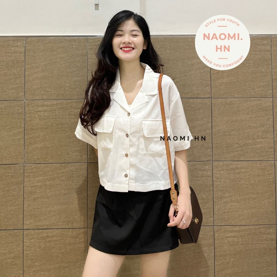 Áo sơ mi nữ cổ vest dáng ngắn croptop khoẻ khoắn trẻ trung chất đũi mát. Sơ  mi cổ V nhiều màu túi ngực dáng croptop.