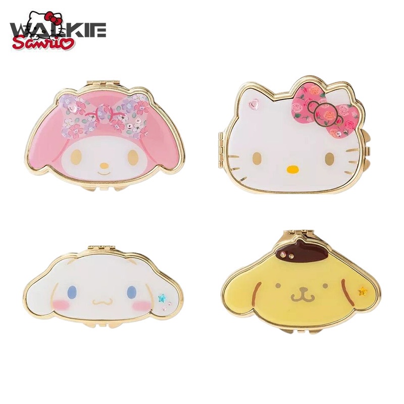 Gương Trang Điểm Vỏ Inox Gấp Gọn Di Động Hình Cinnamoroll/Mèo Kitty Dễ Thương Cho Bé