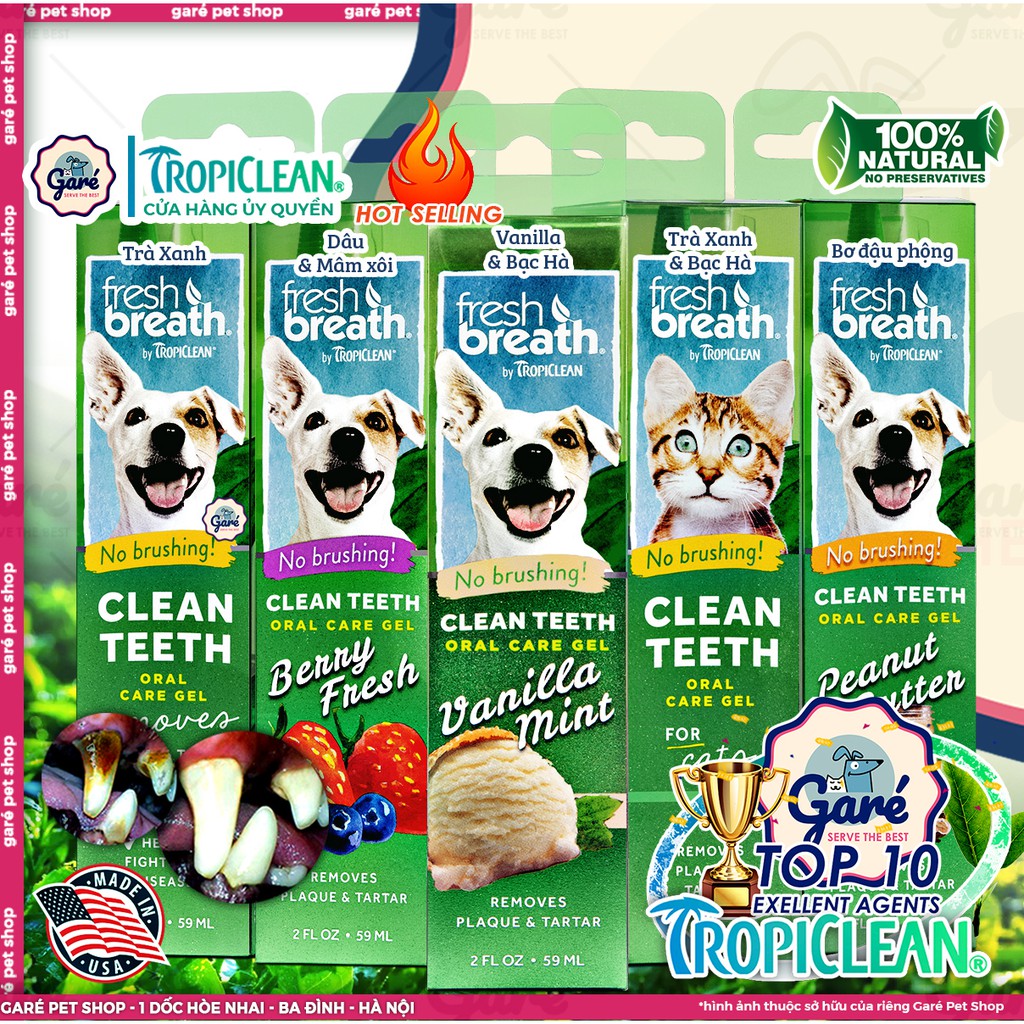 Gel vệ sinh răng miệng đánh bay mảng bám & hôi miệng cho Chó & Mèo - TropiClean Fresh Breath Clean Teeth Oral Care Gel