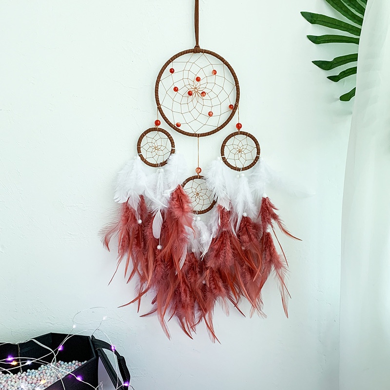 Đồ Treo Trang Trí Dreamcatcher Lông Vũ Lớn Màu Trắng - Đỏ Có Đèn Led Tặng Móc Dán