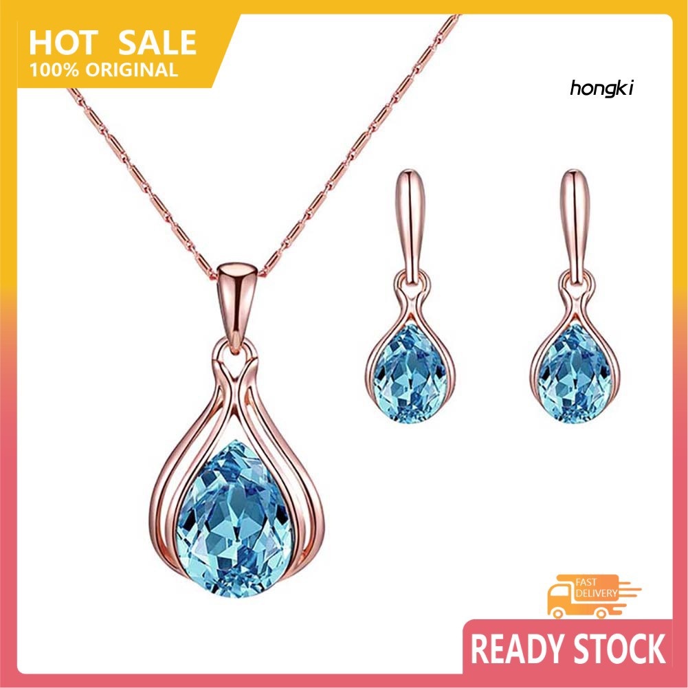 Bộ vòng cổ + bông tai hình giọt nước đính đá zircon cho nữ