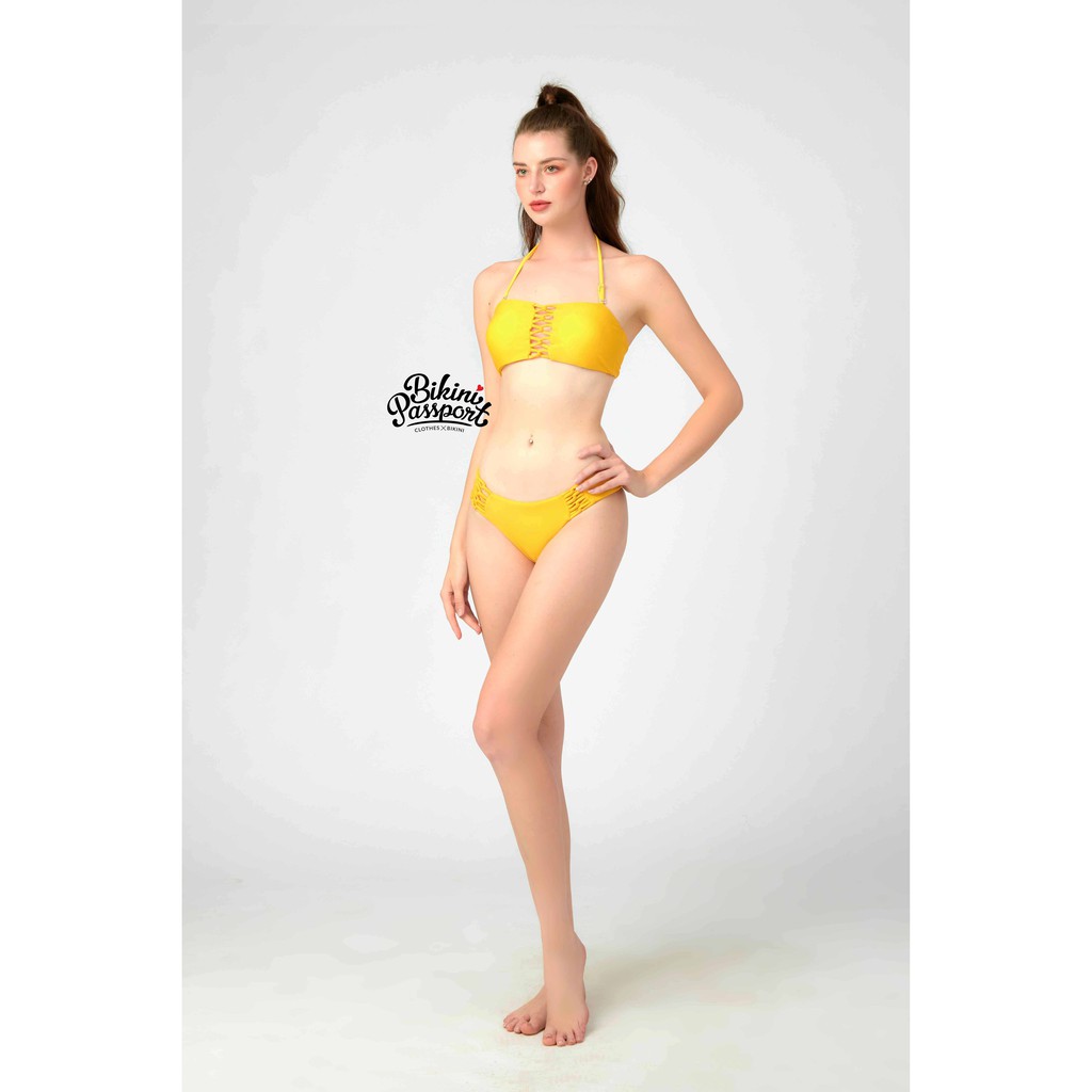 Đồ bơi Nữ BIKINI PASSPORT kiểu Hai mảnh quần đan dây, áo chéo cổ- màu Vàng - BS380_YL