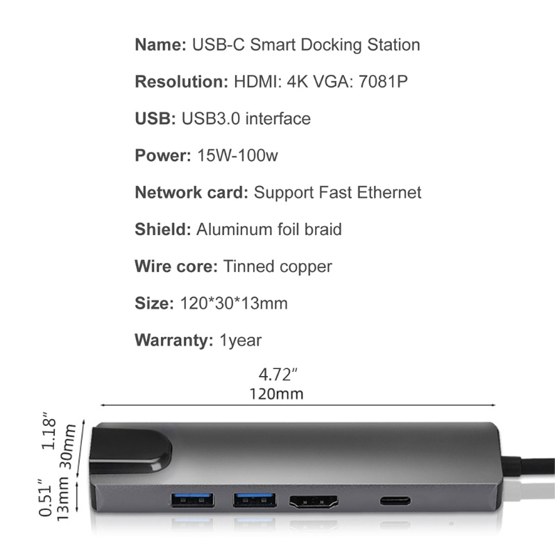 Hub Chia Cổng USB 3.0 5 Trong 1 65W PD Cho Laptop PC
