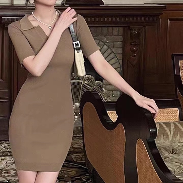 Đầm midi SUXI dệt kim cổ chữ V màu trơn thời trang mùa hè dành cho nữ