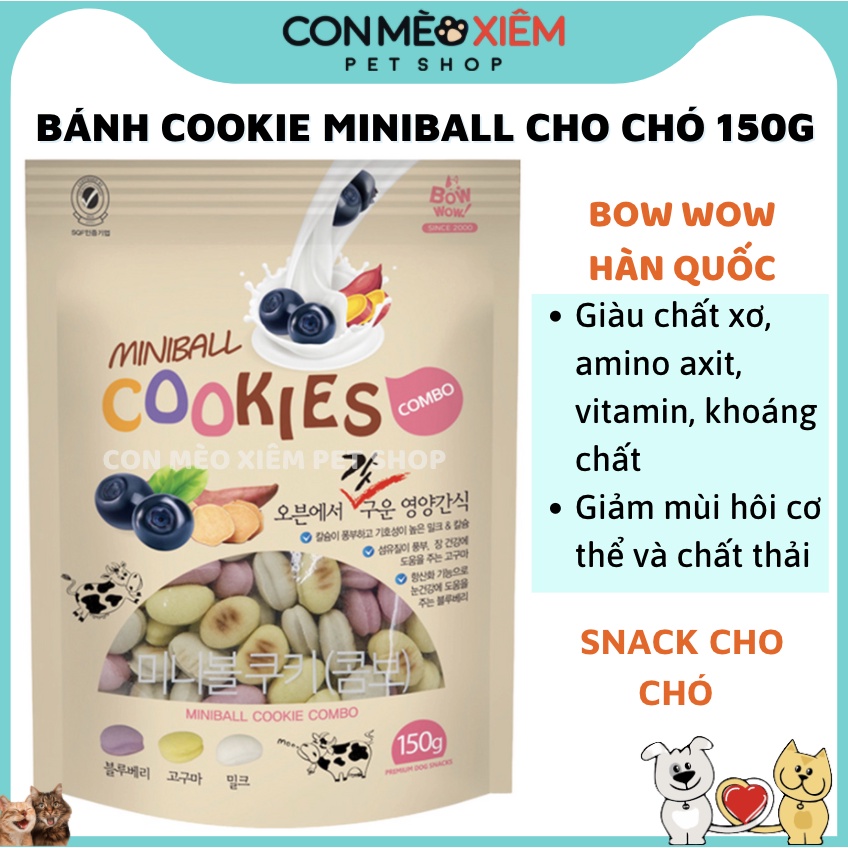 Bánh thưởng cho chó Bow wow mini ball cookies 150g, hỗn hợp snack ăn vặt huấn luyện cún Con Mèo Xiêm