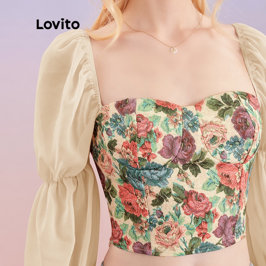 Áo Lovito lưới tương phản in ren hoa tương phản L30AD079