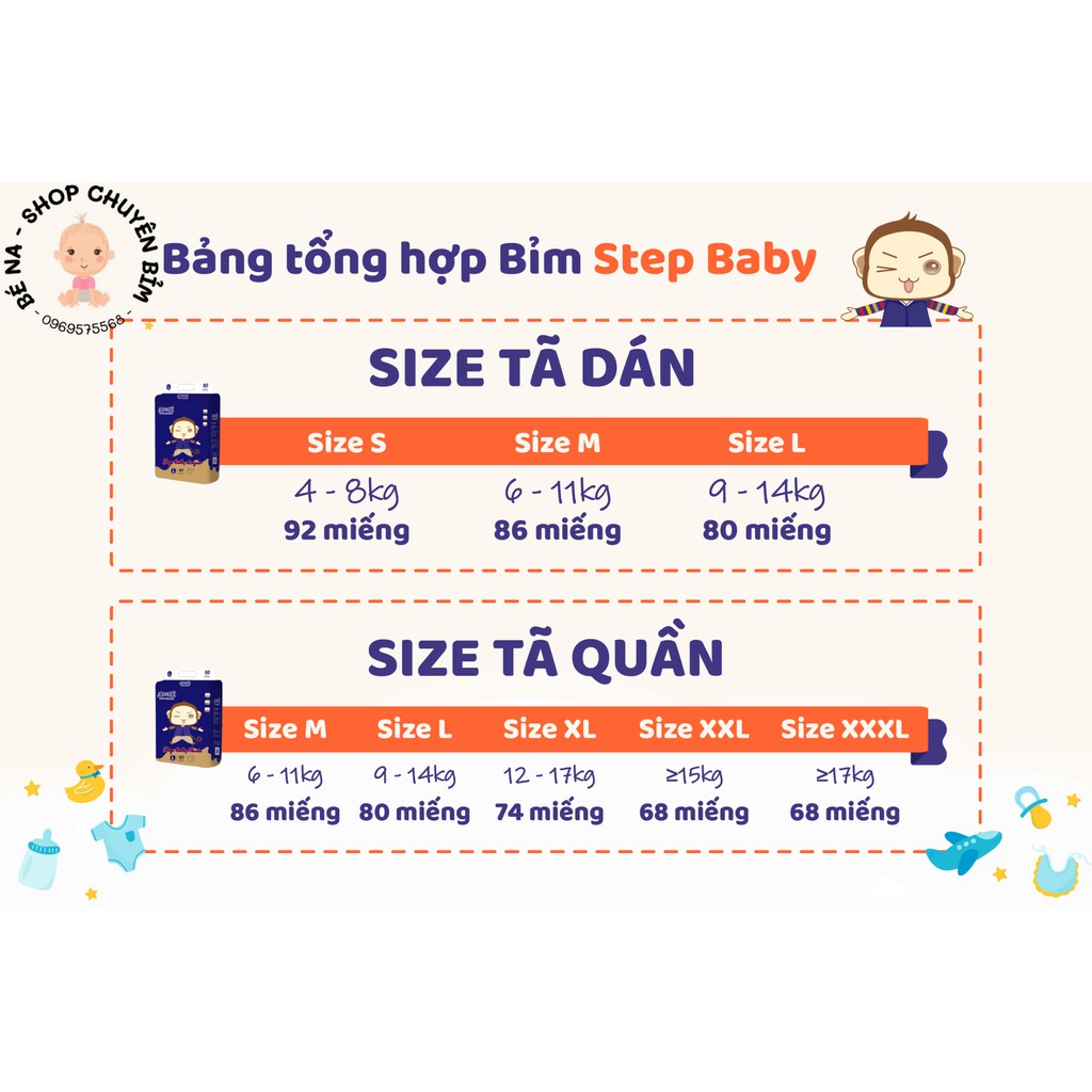 [Hàng tem chính hãng] Bỉm Tã Quần, Dán Step Baby cho bé Size S92/M86/L80/XL74/XxL68/XxxL68