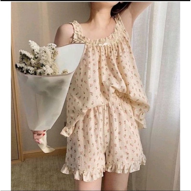 [ Ảnh thật ] Sét bộ mặc nhà hai dây hoa nhí viền ren siêu xinh