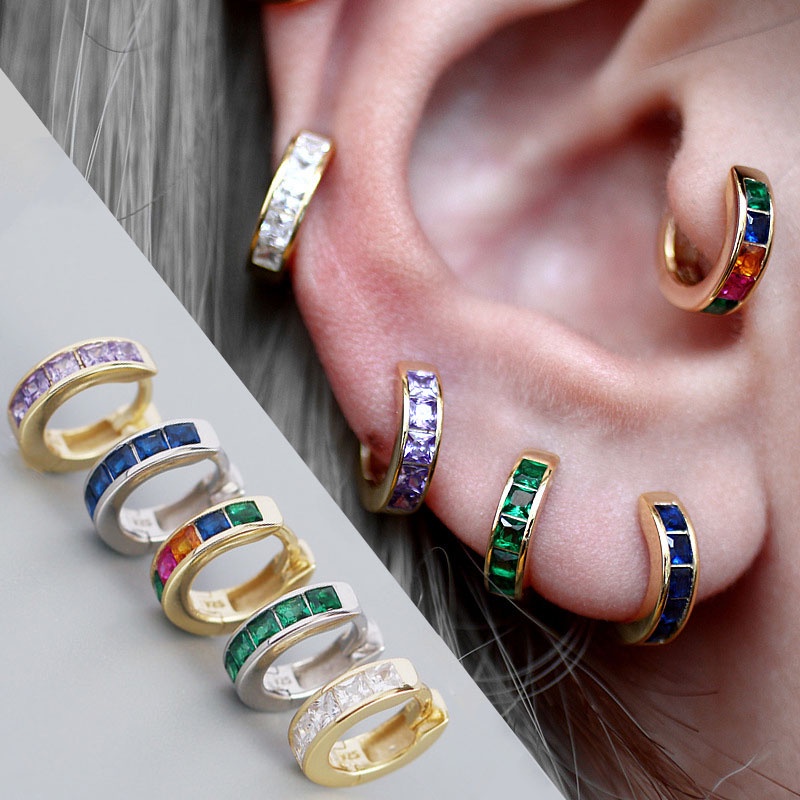 Bông Tai Dạng Vòng Đính Đá Zircon Hình Vuông Nhiều Màu Bằng Đồng Chất Lượng Cao Cho Nam Và Nữ