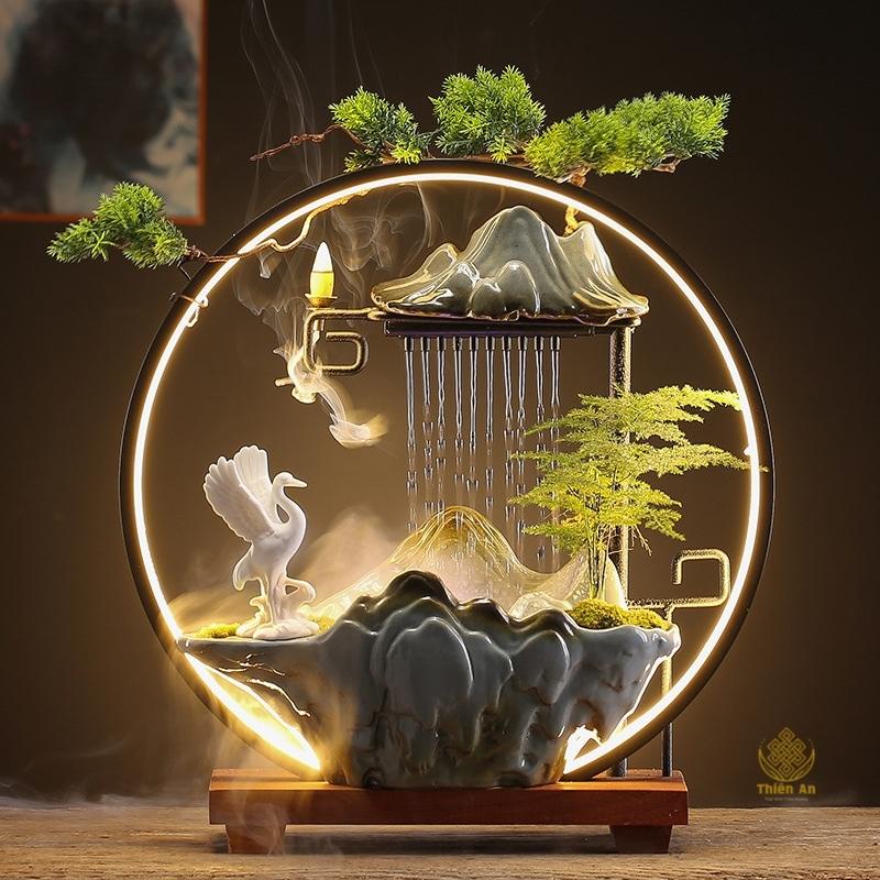 Thác Khói Trầm Hương Hạc Cát Tường, Có Đèn LED Nước Chảy Phong Thuỷ, Chiêu Tài Dụ Lộc