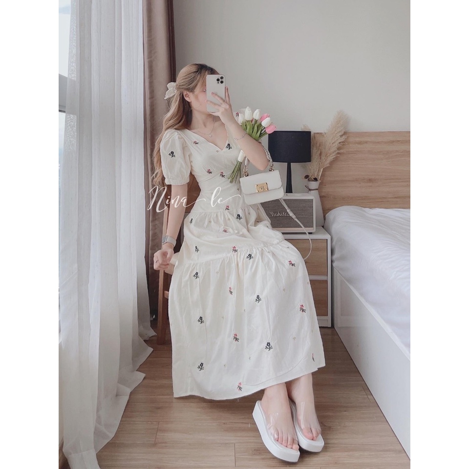 [10.10 Sale Freeship] Đầm váy nữ maxi cổ V tay phồng hở lưng, đầm dáng dài hóa nhí đơn giản công chúa bánh bèo xinh xắn