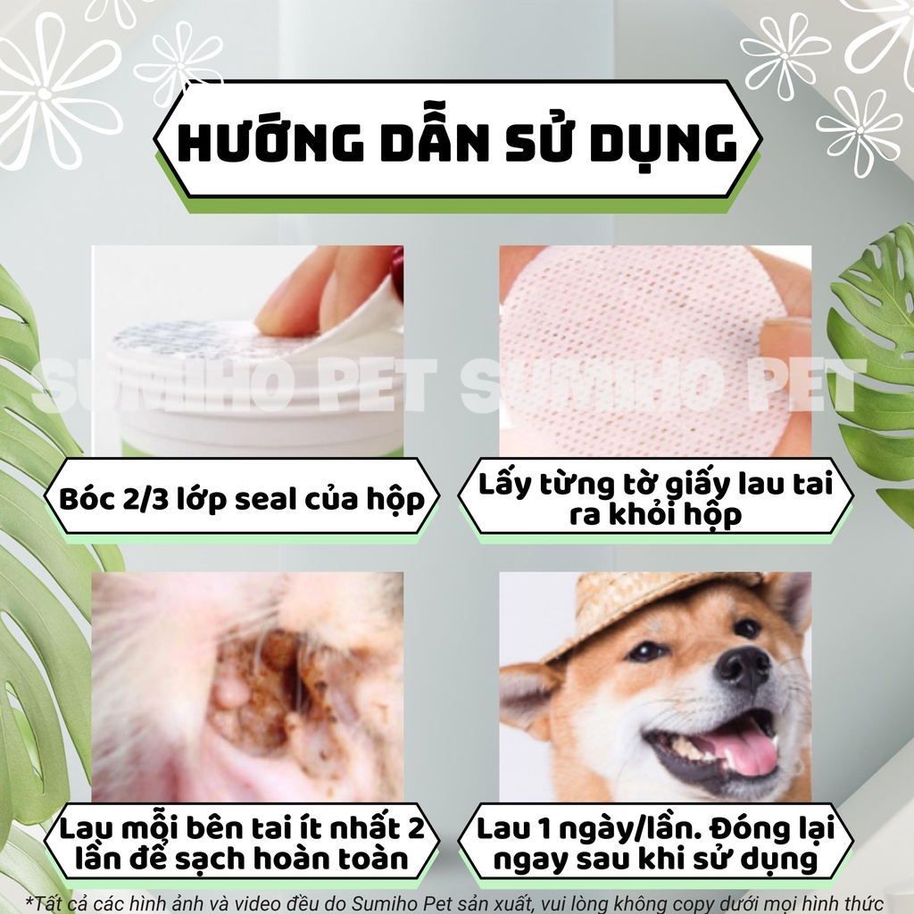 Giấy lau tai cho chó mèo Borammy chiết xuất lô hội (Hộp 130 miếng) phòng tránh các bệnh về tai ở thú cưng