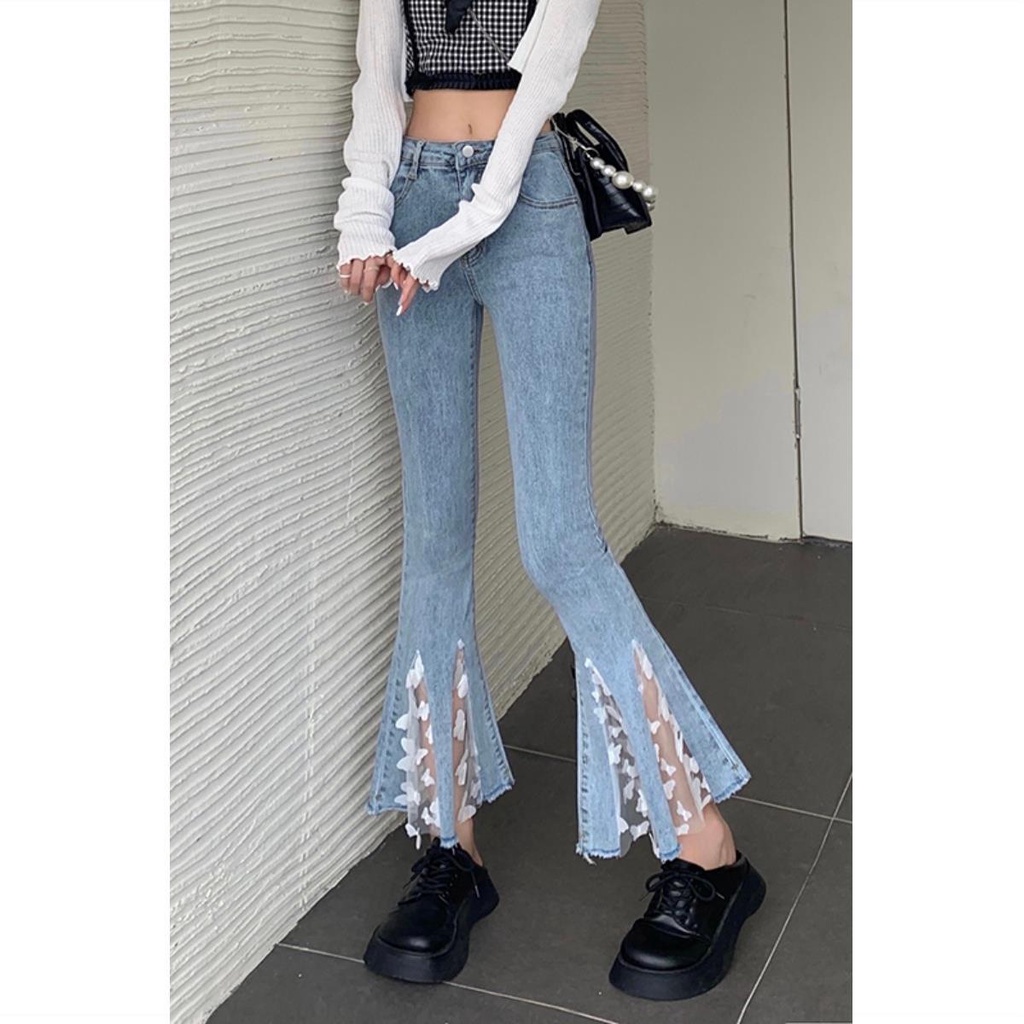 Quần jeans nữ ống suông MỚI Quần jeans lưng cao phối lưới 9 tấc ống loe thời trang mùa hè cho nữ